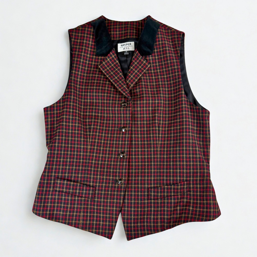 Vintage‎ Wool Plaid Vest Womens 8 Red Black Velvet Collar Waistcoat Kasper ASL